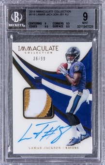 2018 Panini Immaculate Collection #116 Lamar Jackson Signed Patch Rookie Card (#36/99) - BGS MINT 9/BGS 10